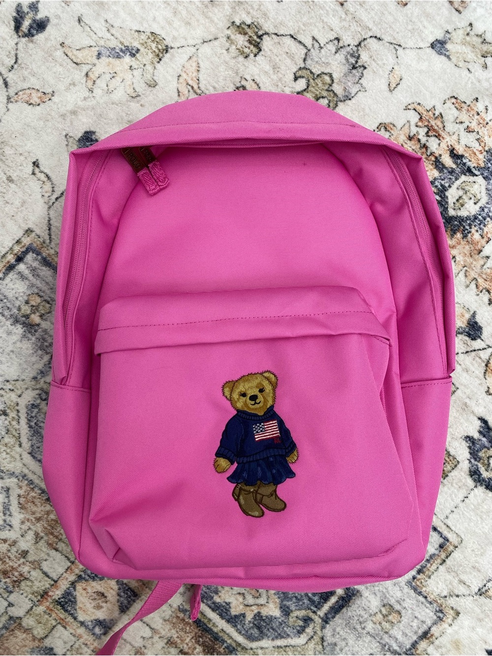Kids Pink Backpack with Embroidered Polo Bear